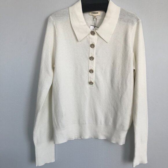 L'AGENCE White Sweater with Button Detail - Picture 3 of 5